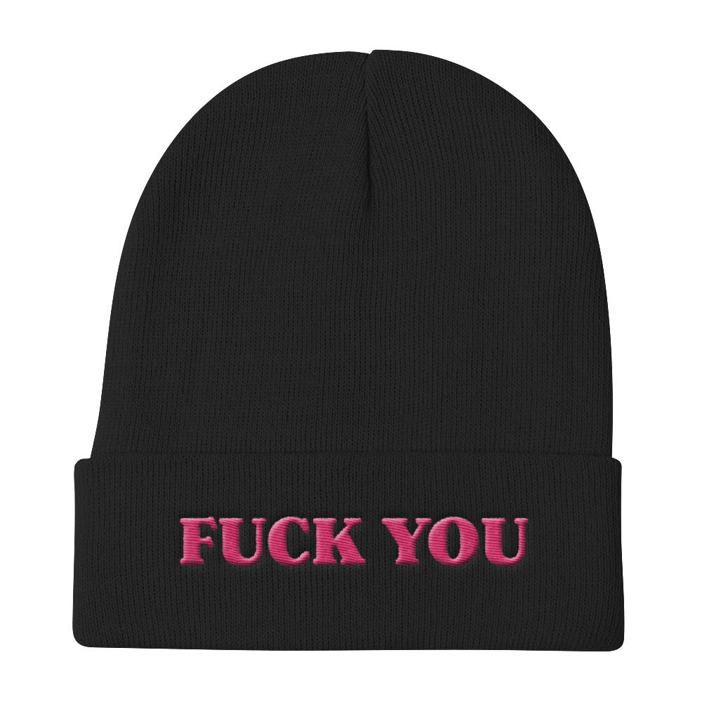 FUCK YOU-PINK ON BLACK-EMBROIDERED KNIT BEANIE