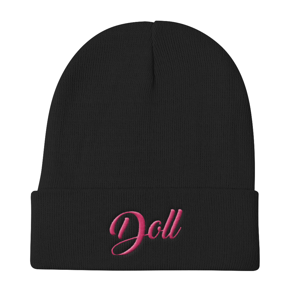 DOLL-PINK ON BLACK-EMBROIDERED KNIT BEANIE