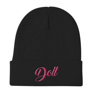 DOLL-PINK ON BLACK-EMBROIDERED KNIT BEANIE