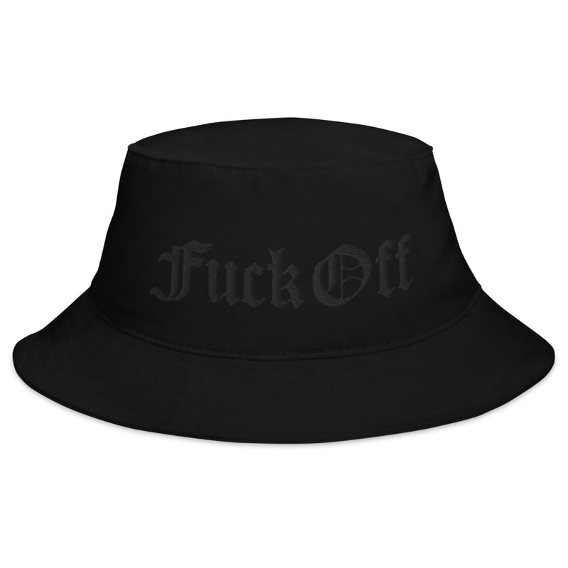 FUCK OFF-BLACK ON BLACK-BUCKET HAT-IN OLD ENGLISH