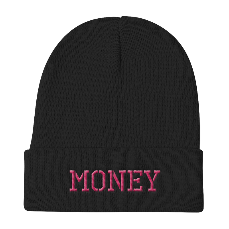 MONEY-PINK ON BLACK-EMBROIDERED KNIT BEANIE