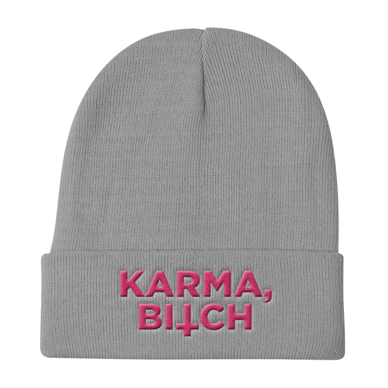 KARMA BITCH-PINK ON BLACk-EMBROIDERED KNIT BEANIE