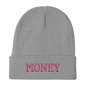 MONEY-PINK ON BLACK-EMBROIDERED KNIT BEANIE