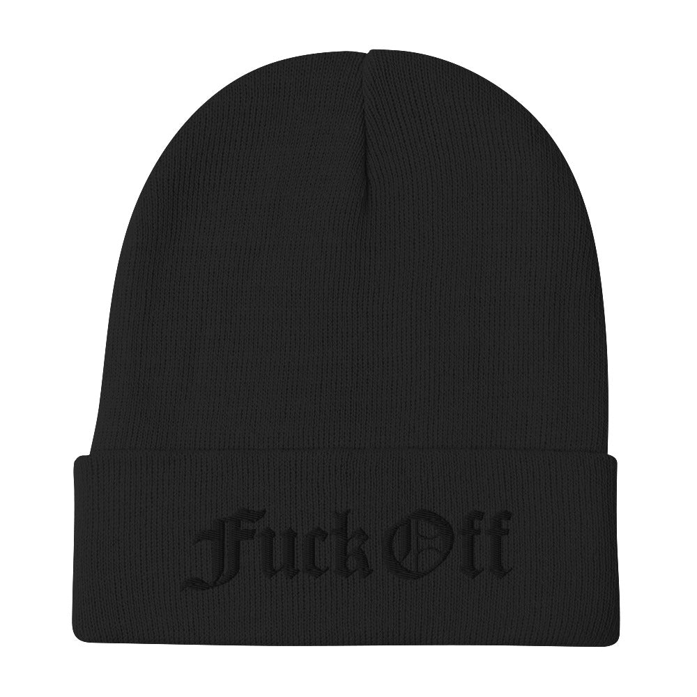 FUCK OFF-OLD ENGLISH-BLACK ON BLACK-EMBROIDERED BEANIE