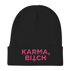 KARMA BITCH-PINK ON BLACk-EMBROIDERED KNIT BEANIE